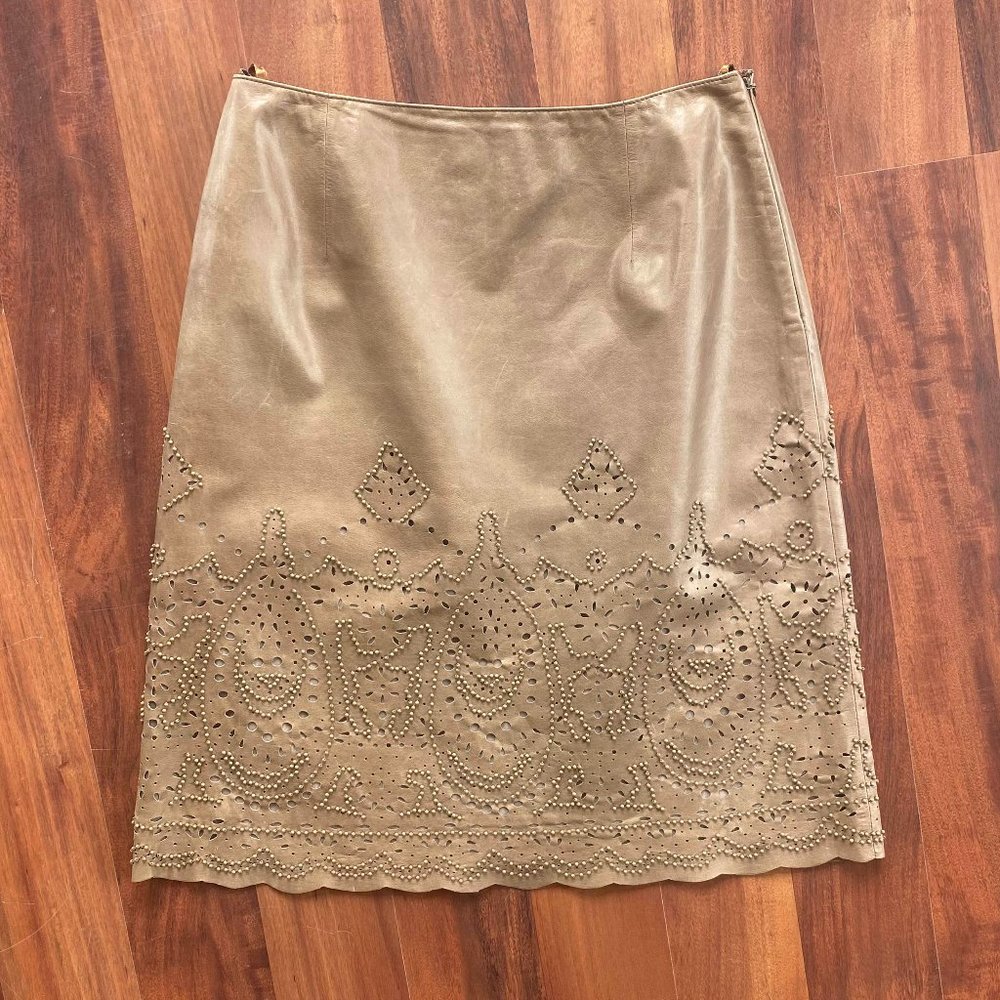 Carlisle Perforated Leather Beaded Skirt, Light Brown, Size 8